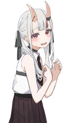 Rule 34 | 1girl, bare arms, bare shoulders, black ribbon, brown skirt, collared shirt, commentary request, grey hair, hair ribbon, hands up, highres, hololive, horns, icehotmilktea, long hair, looking at viewer, looking to the side, multicolored hair, nakiri ayame, oni, open mouth, pleated skirt, red eyes, red hair, ribbon, shirt, simple background, skin-covered horns, skirt, sleeveless, sleeveless shirt, smile, solo, streaked hair, twintails, virtual youtuber, white background, white shirt