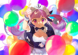 Rule 34 | 1girl, absurdres, ahoge, anchor symbol, aqua hair, aqua nails, blue bow, blue bowtie, blue dress, bow, bowtie, braid, breasts, bubble, cleavage, colored inner hair, colorful, crown braid, dress, drill hair, eyelashes, from above, hair ribbon, highres, hololive, long hair, looking at viewer, looking up, maid headdress, medium breasts, minato aqua, minato aqua (1st costume), multicolored hair, nail polish, open mouth, pink hair, purple eyes, ribbon, shadow, simple background, solo, string, string around finger, string of fate, takubon, twin drills, twintails, two-tone hair, virtual youtuber, white background, wrist cuffs
