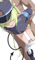 Rule 34 | 1boy, 1girl, armband, black hat, blue archive, blush, chiizu ore, demon tail, gloves, green hair, green halo, halo, hat, nozomi (blue archive), highres, long hair, long sleeves, open mouth, pantyhose, peaked cap, pointy ears, sex, simple background, tail, twintails, white gloves, white pantyhose, yellow eyes