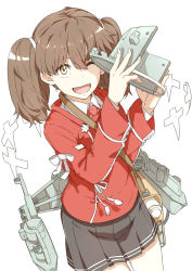 Rule 34 | 10s, 1girl, ;d, bad id, bad tumblr id, bag, black skirt, blush, bottle, brown hair, cannon, collared shirt, cowboy shot, fang, hair between eyes, hair tie, holding, japanese clothes, kantai collection, kariginu, long hair, long sleeves, machinery, magatama, ninimo nimo, one eye closed, onmyouji, open mouth, over shoulder, pleated skirt, removing hat, ribbon, ribbon trim, ryuujou (kancolle), satchel, shikigami, shirt, simple background, skirt, smile, solo, standing, tassel, turret, twintails, visor cap, white background, white ribbon, wing collar, yellow eyes