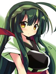 Rule 34 | 1girl, ahoge, blush, brown eyes, closed mouth, commentary request, green hair, green hairband, green kimono, hair between eyes, hairband, head tilt, highres, japanese clothes, kimono, long hair, looking at viewer, looking to the side, muneate, ryogo, short sleeves, solo, touhoku zunko, very long hair, voiceroid, wide sleeves