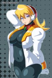 Rule 34 | 1girl, alia (mega man), blonde hair, bodysuit, breasts, cleavage, highres, lab coat, large breasts, mega man (series), mega man x (series), navel, rockmangrave, thick thighs, thighs, wide hips