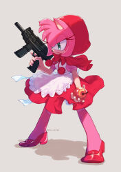 Rule 34 | 1girl, amy rose, animal ears, animal nose, apple, apron, bow, bowtie, bulleta, cosplay, dress, food, frilled apron, frills, fruit, full body, furry, furry female, green eyes, gun, hand up, hedgehog, hedgehog ears, hedgehog girl, high heels, highres, holding, holding food, holding fruit, holding gun, holding weapon, konjiki ringo, looking to the side, pink fur, puffy short sleeves, puffy sleeves, red bow, red bowtie, red dress, red footwear, red headwear, red shawl, shadow, shawl, short sleeves, simple background, smile, solo, sonic (series), standing, vampire (game), waist apron, weapon, white apron