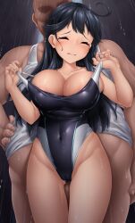 Rule 34 | 1boy, 1girl, absurdres, ahoge, black hair, black one-piece swimsuit, blush, breasts, cleavage, closed eyes, collarbone, competition swimsuit, covered navel, groin, highres, kantai collection, large breasts, long hair, one-piece swimsuit, open mouth, rain, swimsuit, tank top, ushio (kancolle), utahane, wet, wet clothes, white tank top