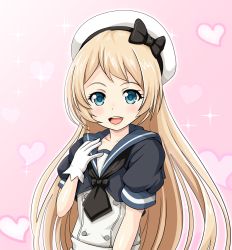 Rule 34 | 1girl, :d, blonde hair, blue eyes, commentary request, gloves, hat, heart, heart background, highres, jervis (kancolle), kantai collection, long hair, looking at viewer, open mouth, pink background, sailor hat, school uniform, serafuku, simple background, smile, solo, sparkle, tk8d32, white gloves