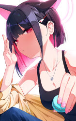 Rule 34 | 1girl, black hair, blue archive, breasts, cleavage, collarbone, colored inner hair, commentary request, food, hair ornament, hairclip, halo, highres, holding, holding food, jewelry, kazusa (blue archive), looking at viewer, macaron, medium breasts, multicolored hair, nasan (coldtime), necklace, pink eyes, pink hair, shirt, short hair, sitting, solo, upper body, yellow shirt