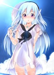 Rule 34 | 1girl, amasora taichi, arm behind back, black hairband, blue hair, blush, breasts, caustics, chestnut mouth, cleavage, cloud, collarbone, cowboy shot, day, dress, hairband, holding, holding umbrella, horizon, jewelry, light rays, long hair, looking at viewer, necklace, necktie, original, outdoors, parasol, purple eyes, see-through, see-through silhouette, short dress, short sleeves, sky, solo, star (symbol), star necklace, sunbeam, sunlight, umbrella, water, white dress