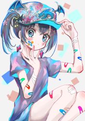 Rule 34 | 1girl, absurdres, arms up, bandaged arm, bandages, bandaid, bandaid on face, bandaid on hand, bandaid on leg, baseball cap, bat wings, black hair, blue eyes, blue hair, blush, closed mouth, ear piercing, earrings, flower, hair flower, hair ornament, hair tie, hairclip, hand on own face, hat, highres, holding, holding clothes, holding hat, jewelry, kayon (touzoku), knees up, looking at viewer, medium hair, multicolored hair, original, piercing, shirt, short ponytail, side ponytail, skull hair ornament, solo, squatting, stud earrings, t-shirt, two-tone hair, winged hat, wings