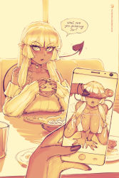 Rule 34 | 1futa, 1girl, arm tattoo, bbc-chan, bikini, blunt bangs, blush, borrowed character, breast rest, breasts, burger, calixa (syrila), cellphone, choker, cleavage, commentary, covered erect nipples, dark skin, demon tail, diner, english commentary, english text, female pov, food, food on face, futa with female, futanari, heart, heart choker, highres, holding, holding phone, huge penis, juxtaposition, kneeling, large breasts, looking at viewer, maeya (momoda), micro bikini, off-shoulder sweater, off shoulder, original, penis, penis awe, penis on face, penis over eyes, phone, photo (object), photo comparison, pointy ears, pov, precum, prehensile tail, ribbed sweater, saliva, saliva trail, sepia, shoulder tattoo, smartphone, solo focus, speech bubble, sweater, swimsuit, tail, tailjob, tattoo, uncensored