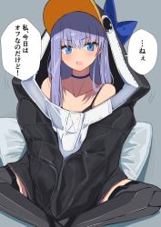 Rule 34 | 1girl, animal hood, armor, bare shoulders, bikini, black bikini, black jacket, blue bow, blue eyes, blush, bow, breasts, choker, collarbone, fate/grand order, fate (series), greaves, hinomaru (futagun), hood, hood up, indian style, jacket, long hair, long sleeves, looking at viewer, meltryllis, meltryllis (fate), meltryllis (swimsuit lancer) (fate), meltryllis (swimsuit lancer) (first ascension) (fate), open mouth, penguin hood, pillow, prosthesis, prosthetic leg, purple hair, sitting, sleeves past fingers, sleeves past wrists, small breasts, speech bubble, swimsuit, thighs, translation request, very long hair
