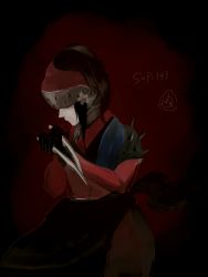 Rule 34 | 1girl, character name, dual wielding, flower, hair flower, hair ornament, hellschef, holding, logo, ninja, personification, scp-143, scp foundation, solo