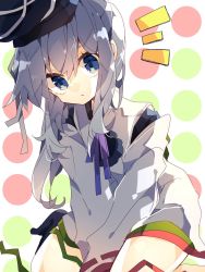 Rule 34 | 1girl, between legs, black legwear, blue eyes, blue ribbon, commentary, foot out of frame, green ribbon, grey hair, hand between legs, hat, hat ribbon, highres, japanese clothes, kariginu, leaning forward, long hair, long sleeves, looking at viewer, mononobe no futo, neck ribbon, nikorashi-ka, notice lines, one-hour drawing challenge, open mouth, own hands together, pom pom (clothes), red ribbon, ribbon, ribbon-trimmed sleeves, ribbon trim, sidelocks, solo, tate eboshi, touhou, white ribbon, wide sleeves
