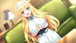 Rule 34 | 1girl, blonde hair, blush, breasts, collar, couch, dress, dutch angle, fangs, game cg, green eyes, hairband, happy, indoors, large breasts, long hair, looking at viewer, loretta magnamia, nipples, open mouth, original, own hands together, paizuri fiancee, sitting, smile, solo, table, uni8, white dress, white hairband