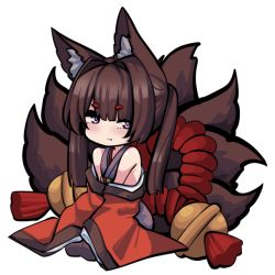 Rule 34 | 1girl, amagi-chan (azur lane), animal ears, azur lane, bell, black legwear, brown hair, chibi, closed mouth, commentary request, fox ears, fox girl, fox tail, japanese clothes, kimono, kitsune, kyuubi, long hair, looking at viewer, multiple tails, off shoulder, parted lips, purple eyes, seiza, sidelocks, sitting, sleeves past wrists, solo, sugoidere, tail, thick eyebrows, transparent background, twintails, wide sleeves