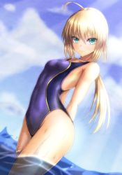Rule 34 | 1girl, arms behind back, artoria pendragon (all), artoria pendragon (fate), blonde hair, blue eyes, blue sky, cloud, commentary request, competition swimsuit, cowboy shot, day, dutch angle, fate/grand order, fate/stay night, fate (series), free note017, green eyes, looking at viewer, official alternate costume, one-piece swimsuit, outdoors, purple one-piece swimsuit, saber (fate), saber (summer battle clothes) (fate), sky, soaking feet, solo, standing, swimsuit, wading, water