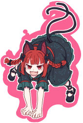 Rule 34 | 1girl, absurdres, animal ears, black footwear, blush stickers, braid, cat ears, cat tail, dress, extra ears, fangs, green dress, highres, kaenbyou rin, kame (kamepan44231), long hair, looking at viewer, multiple tails, open mouth, red eyes, red hair, shoes, short sleeves, simple background, smile, solo, tail, touhou, twin braids, two tails, unfinished dream of all living ghost, white background