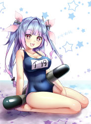 Rule 34 | 10s, 1girl, :d, bad id, bad pixiv id, barefoot, blue hair, blue one-piece swimsuit, breasts, cleavage, covered navel, full body, gradient hair, hair ribbon, highres, i-19 (kancolle), kantai collection, large breasts, long hair, looking at viewer, multicolored hair, name tag, omoomomo, one-piece swimsuit, open mouth, purple hair, red eyes, ribbon, school swimsuit, sitting, smile, solo, star (symbol), swimsuit, symbol-shaped pupils, tri tails, twintails, wariza