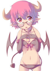 Rule 34 | 1girl, absurdres, blush, cowboy shot, demon girl, elbow gloves, glasses, gloves, highres, horns, navel, original, pink eyes, pink hair, pointy ears, simple background, solo, spirytus tarou, tail, white background, wings