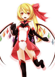 Rule 34 | 1girl, alternate costume, black footwear, black gloves, blonde hair, boots, bow, breasts, cape, dress, elbow gloves, flandre scarlet, gloves, hair bow, highres, inyuppo, layered dress, long hair, looking at viewer, open mouth, red dress, side ponytail, slit pupils, smile, solo, thigh boots, thighhighs, touhou, very long hair, white dress, wings