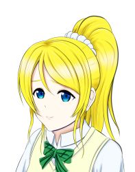 Rule 34 | 1girl, artist request, ayase eli, black background, blonde hair, blue eyes, blue skirt, blush, bow, bowtie, breasts, collared shirt, female focus, green bow, hair between eyes, hair ornament, hair scrunchie, highres, long hair, long sleeves, looking at viewer, love live!, love live! school idol project, otonokizaka school uniform, parted lips, ponytail, school uniform, scrunchie, shirt, short sleeves, skirt, smile, solo, striped, striped bow, sweater vest, vest, white scrunchie, white shirt, yellow vest
