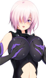 Rule 34 | 1girl, 846-gou, bare shoulders, black leotard, breast hold, breasts, clothing cutout, elbow gloves, fate/grand order, fate (series), gloves, hair over one eye, large breasts, leotard, light purple hair, looking at viewer, mash kyrielight, navel, navel cutout, open mouth, purple eyes, purple gloves, short hair, solo