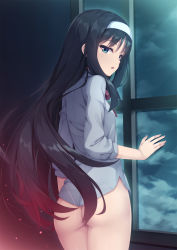 Rule 34 | 1girl, ass, black hair, blouse, blue eyes, bottomless, breasts, cloud, commentary request, cowboy shot, gradient hair, hairband, hand on window, highres, indoors, long hair, looking at viewer, looking back, multicolored hair, neck ribbon, night, open mouth, red ribbon, revision, ribbon, shirt, sidelocks, small breasts, solo, tohno akiha, tomifumi, tsukihime, very long hair, white hairband, window