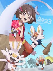 Rule 34 | 1girl, 2023, alternate costume, animal ears, blue sky, blush, brown eyes, brown hair, chinese zodiac, cinderace, creatures (company), evolutionary line, game freak, gen 8 pokemon, gloria (pokemon), highres, inana umi, japanese clothes, kimono, looking at viewer, mortar (bowl), new year, nintendo, open mouth, pokemon, pokemon (creature), pokemon swsh, rabbit ears, rabbit tail, raboot, red eyes, scorbunny, sky, smile, snow, tail, tent, tree, year of the rabbit