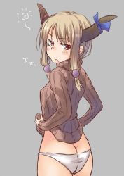Rule 34 | 1girl, alternate costume, ass, blonde hair, blush, brown eyes, cowboy shot, dress shirt, fang, grey background, hair ornament, highres, horn ornament, horn ribbon, horns, ibuki suika, long sleeves, looking at viewer, looking back, md5 mismatch, no pants, open mouth, panties, resized, resolution mismatch, ribbon, shirt, simple background, solo, source larger, spirytus tarou, sweater, text focus, touhou, turtleneck, underwear