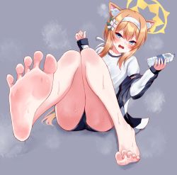 Rule 34 | 1girl, animal ears, barefoot, blue archive, blue eyes, blush, bottle, brown hair, feet, hairband, halo, highres, jacket, long hair, looking at viewer, mari (blue archive), open mouth, soles, steam, sweat, toes, track jacket, water bottle