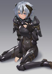 Rule 34 | 1girl, armored bodysuit, black bodysuit, black hair, blush, bodysuit, character request, commentary request, commission, copyright request, covered navel, fingerless gloves, gloves, grey background, grey hair, hand on own chest, highres, kurione (zassou), multicolored hair, shiny clothes, short hair, sitting, skeb commission, skin tight, solo, streaked hair, two-tone hair, very short hair, wariza