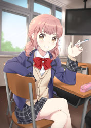 Rule 34 | 1girl, arm rest, between fingers, blazer, blush, bow, bowtie, brown eyes, classroom, crossed legs, desk, feet out of frame, grin, holding, holding pen, jacket, light blush, light particles, long sleeves, looking at viewer, low twintails, open clothes, open jacket, original, pen, pencil case, pink hair, plaid, plaid skirt, red bow, red bowtie, school desk, school uniform, shirt, short hair, sitting, skirt, smile, solo, sweater vest, television, twintails, unya (unya-unya), white shirt, window