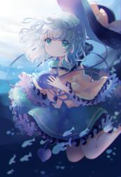 Rule 34 | 1girl, :/, aqua hair, arms up, blouse, blurry, blurry background, commentary request, depth of field, expressionless, feet out of frame, fingernails, fish, frilled skirt, frilled sleeves, frills, green eyes, green skirt, hat loss, hiyuu (hiyualice), holding, komeiji koishi, long sleeves, looking at viewer, petticoat, shirt, short hair, skirt, solo, third eye, touhou, underwater, wide sleeves, yellow shirt
