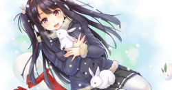 Rule 34 | 1girl, black hair, blush, rabbit hair ornament, coat, courreges ace, hair ornament, hairband, jacket, long hair, open mouth, original, pantyhose, pink eyes, rabbit, scarf, school uniform, skirt, smile, snow, snow rabbit, snowing, snowman, solo, twintails, two side up, white pantyhose, winter clothes, winter coat