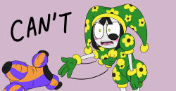 Rule 34 | 1girl, absurdres, angry, annoyed, black hair, blunt bangs, blush stickers, bodysuit, clenched teeth, clothes grab, constricted pupils, desperation, eye twitch, floral print, flower, frown, gloves, green bodysuit, green eyes, green gloves, hat, hat bell, highres, hm artist, jester, jester cap, motion lines, open mouth, pom pom (clothes), pomni (the amazing digital circus), puffy short sleeves, puffy sleeves, short sleeves, solo, teeth, the amazing digital circus, two-tone eyes, undressing, unworn clothes, yellow eyes, yellow flower