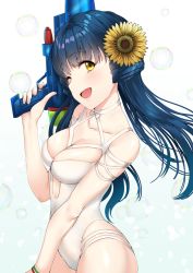 Rule 34 | 1girl, ;d, arm strap, bare arms, bare shoulders, blue hair, blush, breasts, bubble, casual one-piece swimsuit, cleavage, collarbone, cowboy shot, flower, from side, gradient background, hair flower, hair ornament, head tilt, highres, holding, idolmaster, idolmaster million live!, kitakami reika, long hair, looking at viewer, looking to the side, maou (demonlord), medium breasts, one-piece swimsuit, one eye closed, open mouth, shiny skin, smile, solo, standing, straight hair, sunflower, sunflower hair ornament, swimsuit, tareme, water gun, white background, white one-piece swimsuit, wristband, yellow eyes