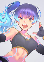 Rule 34 | 1girl, absurdres, arm up, black hair, blue shorts, breasts, chest jewel, cosplay, crossover, detached sleeves, fiery hair, fingerless gloves, gloves, glowing lines, grey background, hair ornament, hairclip, highres, looking at viewer, medium breasts, midriff, multicolored hair, navel, open mouth, sena (xenoblade), shorts, shoulder strap, simple background, solo, sports bra, tan, tank top, tattoo, teeth, toned, ug333333, upper body, upper teeth only, xenoblade chronicles (series), xenoblade chronicles 3