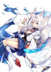 Rule 34 | 1girl, absurdres, aircraft, airplane, animal ear fluff, animal ears, azur lane, blue eyes, blue fire, blue skirt, blunt bangs, breasts, cleavage, collarbone, commentary request, eyeliner, fire, flight deck, fox ears, fox girl, fox mask, fox tail, full body, hakama, hakama short skirt, hakama skirt, highres, holding, holding mask, japanese clothes, kaga (azur lane), kikurage tom., kimono, kneehighs, large breasts, light smile, looking at viewer, makeup, mask, multiple tails, open clothes, open kimono, outline, rudder footwear, shikigami, short hair, sidelocks, simple background, skirt, socks, solo, tail, white background, white hair, white kimono, wide sleeves