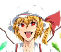 Rule 34 | 1girl, backlighting, blonde hair, crystal, flandre scarlet, hair between eyes, hat, hat ribbon, looking at viewer, medium hair, meno~n, mob cap, multicolored wings, one side up, open mouth, red eyes, red ribbon, ribbon, shirt, simple background, solo, suspenders, teeth, tongue, tongue out, touhou, upper body, white background, white hat, white shirt, wings
