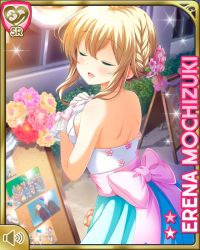 Rule 34 | 1girl, :d, bare back, blonde hair, blue dress, blush, bow, braid, breasts, card (medium), coat, dress, closed eyes, female focus, flower, girlfriend (kari), gloves, green eyes, hair flower, hair ornament, large breasts, long hair, mochizuki erena, night, official art, open mouth, outdoors, pink bow, pink coat, pink ribbon, qp:flapper, ribbon, smile, solo, standing, tagme, white gloves