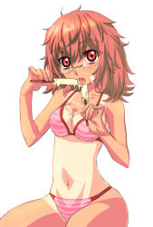 Rule 34 | 1girl, bikini, food, food on body, food on face, glasses, highres, ice cream, ice cream on face, messy, messy hair, nagy, one-piece tan, pink bikini, pink hair, popsicle, red eyes, rimless eyewear, sexually suggestive, simple background, sitting, solo, striped bikini, striped clothes, suggestive fluid, swimsuit, tan, tanline, tongue, white background