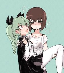 Rule 34 | 2girls, absurdres, anchovy (girls und panzer), anzio school uniform, aomushi (mushamusha), belt, blush, bra strap, brown eyes, brown hair, cape, carrying, collarbone, drill hair, girls und panzer, green background, green hair, hand up, highres, long hair, looking at another, multiple girls, necktie, nishizumi maho, open mouth, pantyhose, princess carry, red eyes, school uniform, short hair, short sleeves, simple background, skirt, standing, twin drills, twintails
