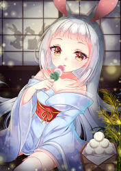 Rule 34 | 1girl, absurdres, animal ears, bare shoulders, between legs, blue kimono, blush, breasts, brown eyes, cleavage, collarbone, commentary request, dango, food, hand between legs, highres, holding, holding food, indoors, japanese clothes, kimono, long hair, long sleeves, looking at viewer, mirai (happy-floral), obi, off shoulder, original, parted lips, rabbit ears, sanshoku dango, sash, silver hair, sitting, small breasts, smile, solo, thighhighs, tsukimi, very long hair, wagashi, white thighhighs, wide sleeves
