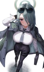 Rule 34 | 1girl, black gloves, black necktie, blue archive, breasts, chest harness, coat, coat on shoulders, coat partially removed, dragon print, eyewear on head, gloves, green hair, hair ornament, hair over one eye, halo, harness, high-waist pants, highres, holding, holster, jacket, large breasts, long hair, long sleeves, looking at viewer, mina (blue archive), necktie, pants, pinstripe jacket, pinstripe pattern, red eyes, shirt, shuvi (shuvi1125), simple background, solo, striped clothes, striped coat, striped jacket, sunglasses, thigh holster, vertical-striped clothes, vertical-striped coat, vertical-striped jacket, white shirt