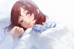 Rule 34 | 1girl, bed sheet, bow, bowtie, breasts, dress shirt, eyelashes, eyes visible through hair, hair between eyes, hair strand, hand up, long sleeves, looking at viewer, love live!, love live! school idol project, lying, medium hair, modare, nishikino maki, on back, on bed, parted lips, purple eyes, red hair, shirt, sideways glance, simple background, small breasts, smile, solo, striped bow, striped bowtie, striped clothes, striped legwear, upper body, white background, white shirt