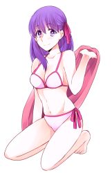 1girl bad_id bad_pixiv_id barefoot bikini blanket blush breasts cleavage fate/stay_night fate_(series) female_focus hair_ribbon kneeling matou_sakura navel official_alternate_costume purple_eyes purple_hair ribbon side-tie_bikini_bottom simple_background smile solo suzuko_(star8383) swimsuit towel white_background white_bikini