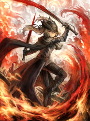 Rule 34 | 1girl, ascot, blood, bloodborne, bloody weapon, bolt0002, cape, coat, dual wielding, expressionless, fire, flaming blood, from software, grey hair, hat, hat feather, highres, holding, lady maria of the astral clocktower, looking at viewer, ponytail, red eyes, smile, solo, sword, the old hunters, tricorne, weapon
