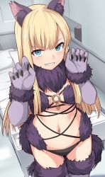 Rule 34 | 1girl, animal ears, bed, black nails, black panties, blonde hair, blue eyes, blush, breasts, cat ears, commentary request, cosplay, fate/grand order, fate (series), fingernails, gloves, indoors, long hair, looking at viewer, lord el-melloi ii case files, mash kyrielight, mash kyrielight (cosplay), mash kyrielight (dangerous beast), mash kyrielight (dangerous beast) (cosplay), nail polish, navel, o-ring, official alternate costume, panties, pillow, reines el-melloi archisorte, sharp fingernails, shiseki hirame, small breasts, smile, solo, teeth, underwear
