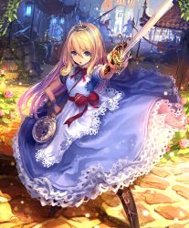 Rule 34 | 10s, 1girl, alice (shingeki no bahamut), artist request, blonde hair, blue eyes, boots, card, clock, crown, cygames, dress, flower, hairband, hand on own hip, holding, holding sword, holding weapon, long hair, official art, playing card, pocket watch, pointing sword, ribbon, shadowverse, shingeki no bahamut, sword, watch, weapon