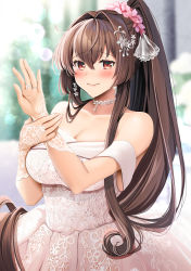 Rule 34 | 1girl, blurry, blurry background, blush, breasts, bridal gauntlets, brown eyes, brown hair, cleavage, closed mouth, commentary request, commission, dress, hair between eyes, hair intakes, high ponytail, highres, jewelry, kantai collection, large breasts, long hair, looking at viewer, necklace, ornate ring, paid reward available, ring, sidelocks, skeb commission, smile, solo, strapless, strapless dress, very long hair, wedding dress, wedding ring, white dress, wreath, yamato (kancolle), yunamaro