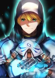 Rule 34 | 1boy, armor, arthur pendragon (fate), blonde hair, fate/prototype, fate (series), gauntlets, green eyes, hair between eyes, highres, hooded, looking at viewer, male focus, rahato, smile, solo, upper body